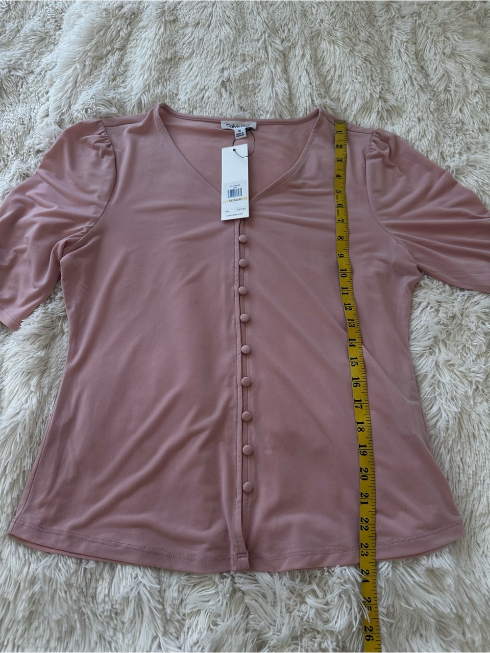 Calvin Klein Puff Sleeve Button Front Blouse Pink V Neck Top Medium NWT - Picture 4 of 10
